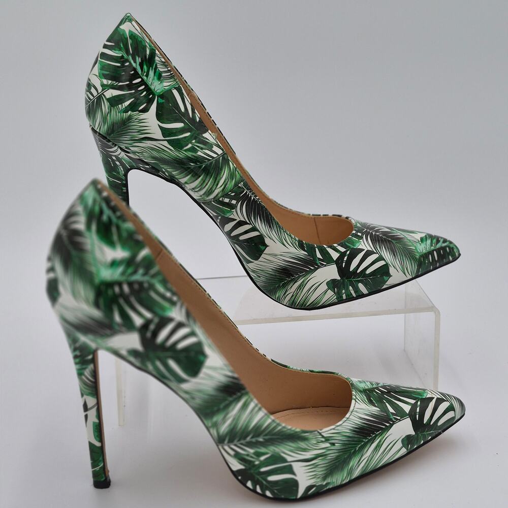 Shoe Republic LA Palm Leaf Graphic Pointed Toe Stiletto Heels Sz 10 Green S0095